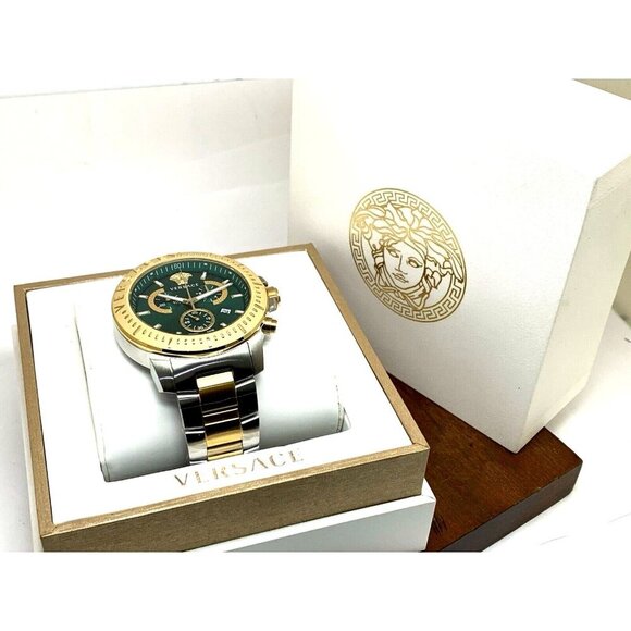 Versace Men's Watch VE2E00421 Swiss Quartz Chronograph Green Dial Two Tone Steel - Picture 3 of 15
